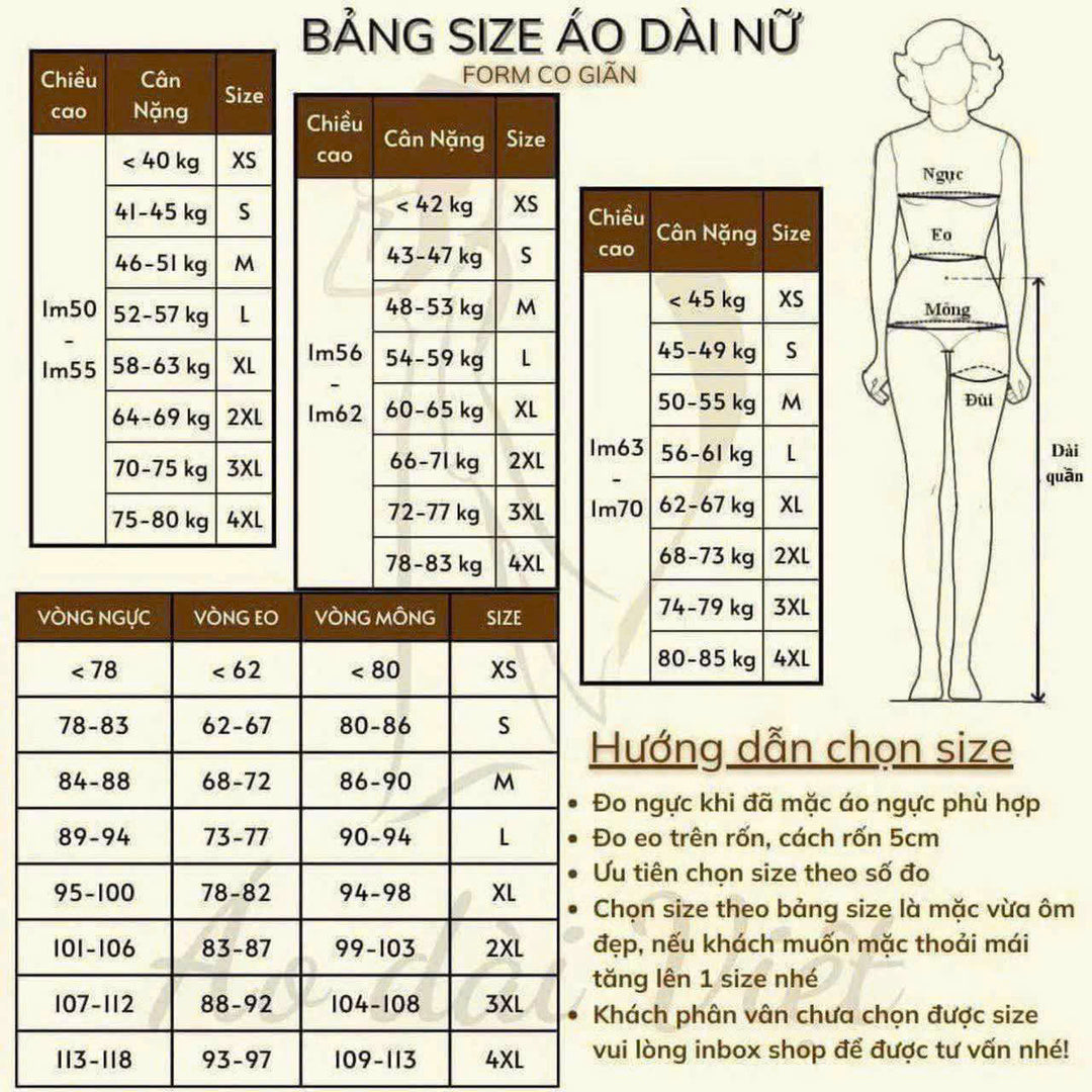 Bảng size áo dài Nữ gồm chiều cao, cân nặng và số đo vòng ngực.